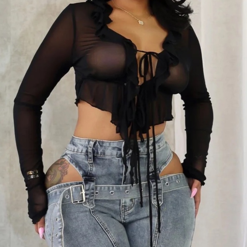 Boutique | Black “Johanna” Mesh Ruffle Blouse Top